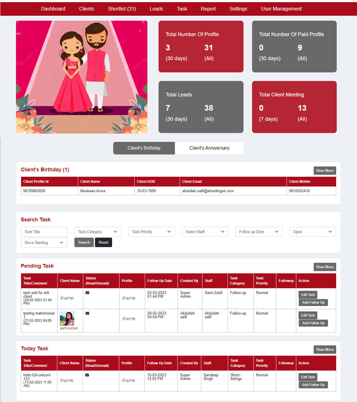 Raj Group Industry CRM for the Matrimony Sector